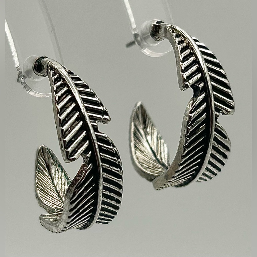Silver Tone Feather Hoop Earrings